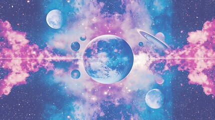 Wall Mural - A colorful space scene with a blue planet in the center and a pink