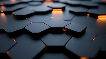 Poster - A close up view of a dark gray hexagonal pattern with orange light glowing between the hexagons