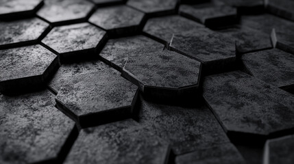 Poster - Close up of dark gray textured hexagonal tiles arranged in a pattern with shallow depth of field
