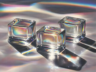 Poster - Three Iridescent Glass Cubes on Reflective Surface