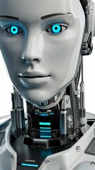 Aufkleber - Futuristic robot head with glowing blue eyes and intricate mechanical design displayed in a modern setting