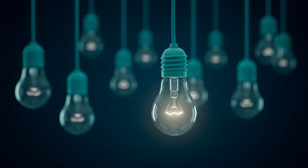 Poster - Group of Hanging Light Bulbs with One Glowing Over Dark Blue Background