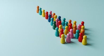 Poster - Group of Multicolored Wooden Figures Forming Arrow Shape on Blue Background Representing Teamwork