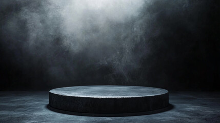 Poster - A circular platform in a dark room with smoke or fog illuminated from above creating a dramatic scene