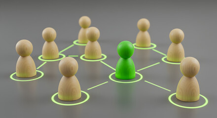 Poster - Network Connection of Wooden Figures on a Gray Background with Green Highlighted Leader and Interconnected Nodes
