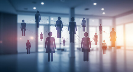 Poster - Network Of People Connecting Digitally In Modern Office With Soft Light And Abstract Dots And Lines Visualization