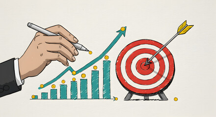 Poster - Sketch of Hand Drawing Growing Bar Chart with Arrow Hitting Target on White Background