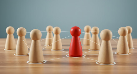 Poster - Wooden Figures in Red Standing Out among Beige Ones Connected by White Lines Illustrating Leadership and Network