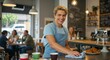 © Rex - Friendly cafe staff member cleaning the counter