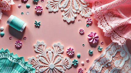 Poster - A pink, orange, and blue piece of fabric with buttons and flowers on it. The buttons are in different colors and sizes