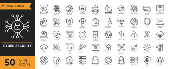 Cyber security icon set. Containing Data Protection, Hacker, Password, Firewall, Spam, Antivirus, Virus Threat, Padlock, Secure, Phishing. Vector illustration. Editable stroke.