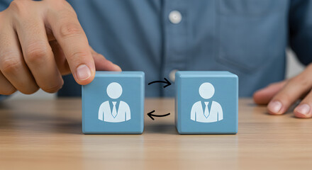 Poster - Human Resources Connecting Two Blue Cubes Depicting Corporate Connection and Teamwork