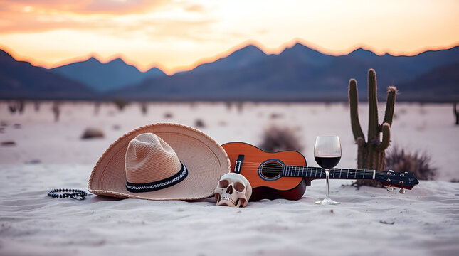 A skull and a guitar in a sombrero, Cinco De Mayo, Mexican Halloween dancing scull with guitar,  Mexican Hip Hop x Boom Bap, Traditional Day Of The Dead Mariachi Skeleton, Generative Ai