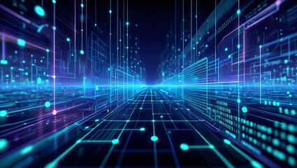 Fototapete - Futuristic Digital Highway Abstract Network Data Stream Technology Background