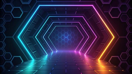 Fototapete - Futuristic Neon Hexagon Corridor Vibrant RGB Lighting and Geometric Design
