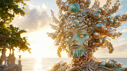 Poster - Enigmatic statue surrounded by a tree in the background set in a surreal dreamlike fractured reality with volumetric lighting effects.