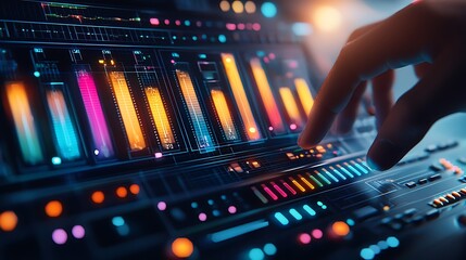 A hand is touching a colorful display of buttons and knobs