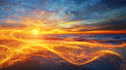 Wall Mural - A beautiful sunset over the ocean with a bright orange and yellow sky