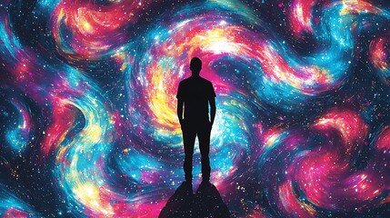 Wall Mural - A man stands on a hill in front of a colorful galaxy
