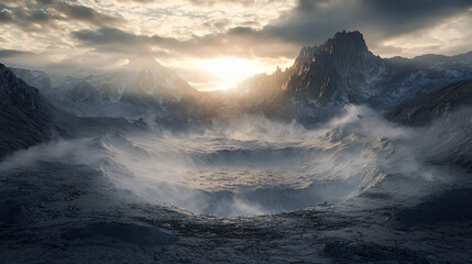 Poster - Majestic mountain range bathed in golden light of setting sun surrounded by surreal dreamlike melting landscapes and dramatic contrast.