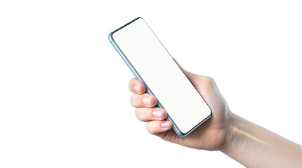 Aufkleber - Hand holding a modern smartphone with blank screen, isolated style on white background, concept of mockup for template or app design. Ai generative