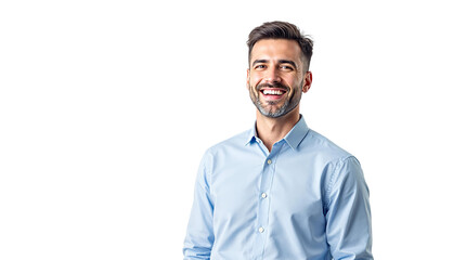 Poster - Happy man wearing light blue shirt smiling confidently, isolated style on white background, concept of positivity and professional image. Ai generative