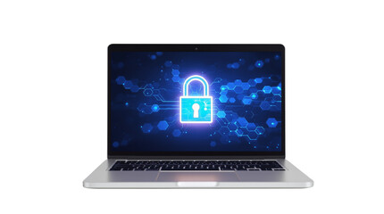 Poster - Laptop with digital padlock on screen, futuristic style, isolated on white background. Concept of cybersecurity and data protection. Ai generative