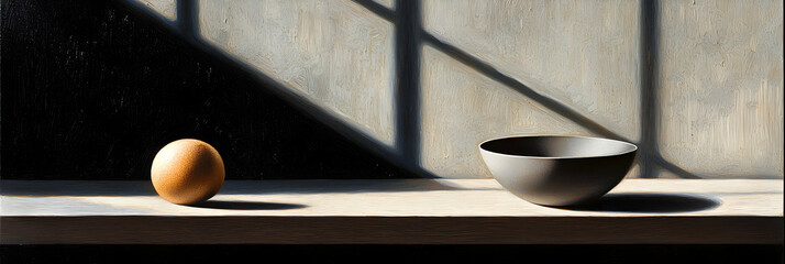 Poster - Still Life with a Grey Bowl and Brown Sphere on Wooden Table