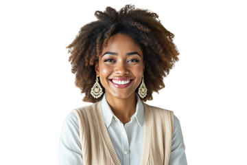 Poster - Smiling young woman with curly hair and pearl earrings, natural style closeup on white background, concept of confidence and elegance. Ai generative