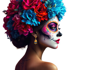 Poster - Woman with Day of the Dead face paint and large floral crown in colorful artistic style on white background, concept of cultural celebration. Ai generative