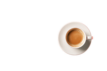 Poster - Cup of coffee viewed from top on white saucer, isolated style, placed on clean white background, concept of minimal breakfast design. Ai generative