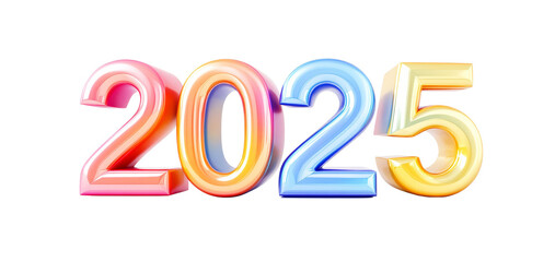 Poster - Glossy multicolored numbers forming 2025 in a closeup clean style, isolated on white background, concept of new year celebration template. Ai generative