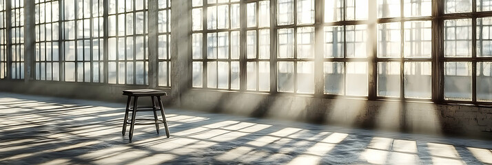 Poster - Sunlit Abandoned Building Interior with Wooden Chair