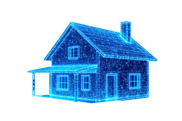 Aufkleber - Glowing blue digital house made of wireframe mesh structure, futuristic graphic style, isolated on white background, concept of smart home technology. Ai generative