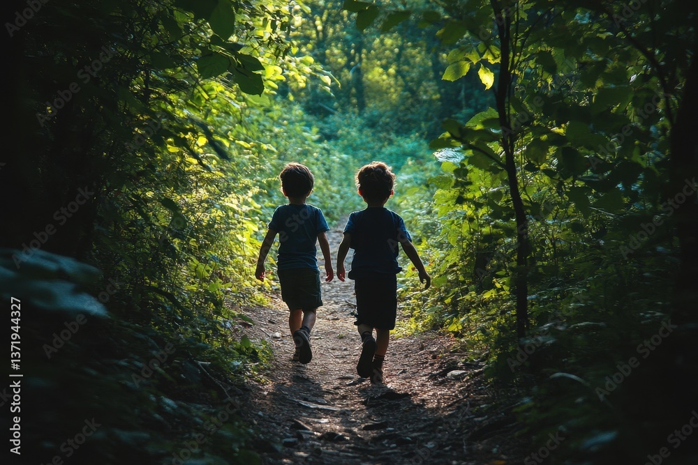 Two boys are walking away on a nature trail surrounded by green foliage. Use it for themes of childhood, exploration, or spending time together.