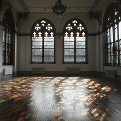 Poster - Sunlit Interior of a Grand Hall with Gothic Windows and Wooden Floor