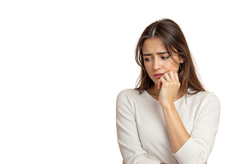 Poster - Young woman looking worried with hand on chin, realistic style, isolated on white background, concept of anxiety or contemplation, Ai generative