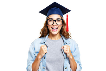 Poster - Happy female graduate in glasses and cap celebrating success, casual outfit, isolated on white background, concept of achievement. Ai generative