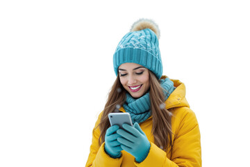 Poster - Woman in yellow winter jacket, teal hat and gloves, using smartphone, isolated on white background, clean collage concept. Ai generative