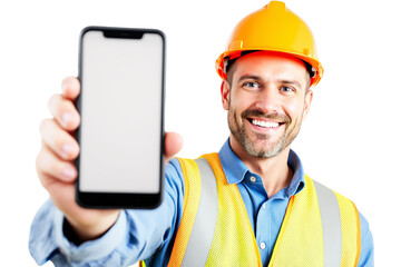 Poster - Construction worker in safety vest and helmet showing blank phone screen, isolated on white background, clean concept for design or app template. Ai generative