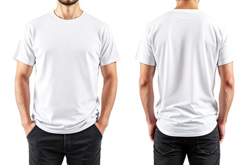 Poster - Male model in white t-shirt shown from front and back, realistic style, isolated on white background, concept for clothing template design. Ai generative