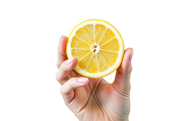 Poster - Woman's hand holding a lemon slice, closeup photography style, isolated on white background, concept of freshness and healthy eating. Ai generative