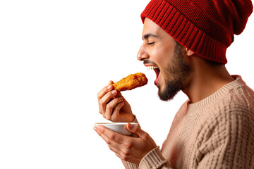 Poster - Man in red beanie eating crispy chicken drumstick, closeup style, isolated on white background, concept of food enjoyment. Ai generative