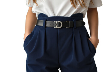 Aufkleber - Woman wearing navy blue pleated pants with black belt and white blouse, closeup style, isolated on white background. Fashion concept element. Ai generative