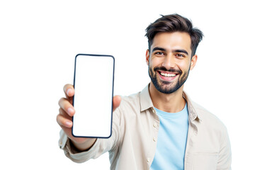 Poster - Happy man showing smartphone with blank screen, isolated realistic style on white background, concept of tech promotion or app display. Ai generative