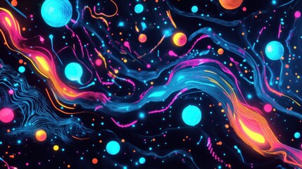Poster - Radiant Streamlines and Orbs Against a Deep Backdrop, an Abstract Vision