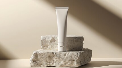 Wall Mural - A minimalistic skincare tube and packaging box on a stone, with soft natural light and a beige background highlighting the sleek, modern design of the product.