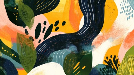 Poster - Whimsical abstract botanical garden pattern illustration, brushstroke texture