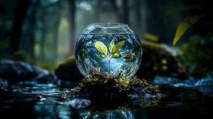 Poster - Nurturing nature's dreams a water plant's journey in a tranquil forest environment surreal photography