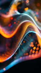 Poster - Vibrant abstract wave pattern with glowing lights and fluid movement captured in a dark background